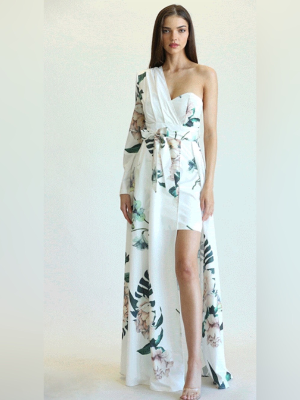 Asymmetrical White Floral One-Shoulder Maxi Dress